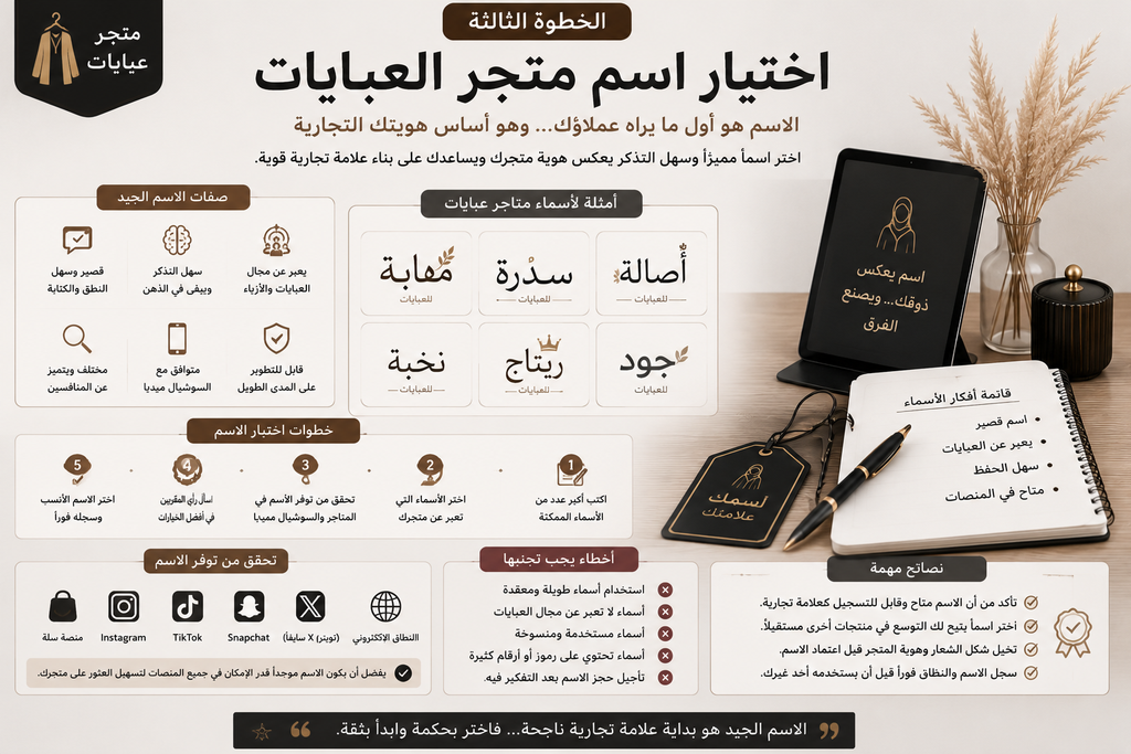 الخطوة الثالثة: اختيار اسم متجر العبايات